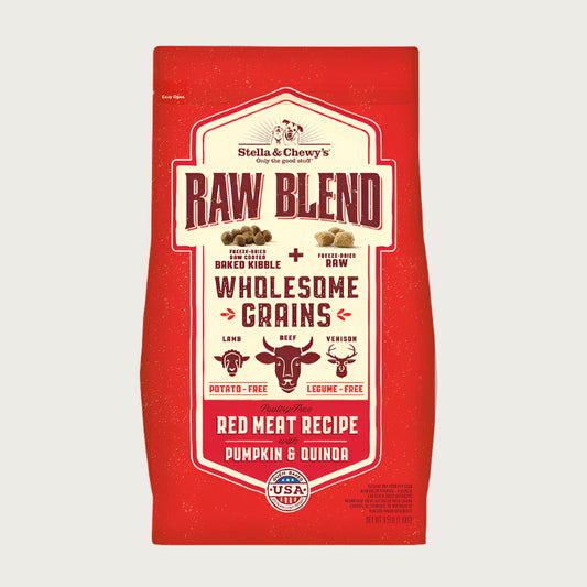 3.5 lb red bag of Stella & Chewy's Raw Blend Wholesome Grains Red Meat Recipe with Pumpkin & Quinoa for dogs. Freeze-dried raw coated baked kibble plus freeze-dried raw. Beef, lamb and venison are featured, along with small illustrations of those animals' faces. 