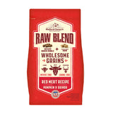 3.5 lb red bag of Stella & Chewy's Raw Blend Wholesome Grains Red Meat Recipe with Pumpkin & Quinoa for dogs. Freeze-dried raw coated baked kibble plus freeze-dried raw. Beef, lamb and venison are featured, along with small illustrations of those animals' faces. 