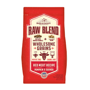 3.5 lb red bag of Stella & Chewy's Raw Blend Wholesome Grains Red Meat Recipe with Pumpkin & Quinoa for dogs. Freeze-dried raw coated baked kibble plus freeze-dried raw. Beef, lamb and venison are featured, along with small illustrations of those animals' faces. 