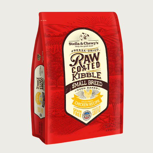 10 lb red bag of Stella & Chewy's Freeze-Dried Raw Coated Kibble, Small Breed, Oven Baked Cage-Free Chicken Recipe for dogs. Grain free, protein focused nutrition. A small illustration of a chicken is in the center of the bag.