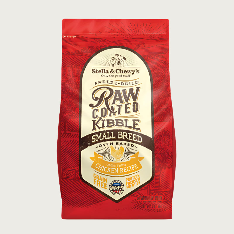 3.5 lb red bag of Stella & Chewy's Freeze-Dried Raw Coated Kibble, Small Breed, Oven Baked Cage-Free Chicken Recipe for dogs. Grain free, protein focused nutrition. A small illustration of a chicken is in the center of the bag.