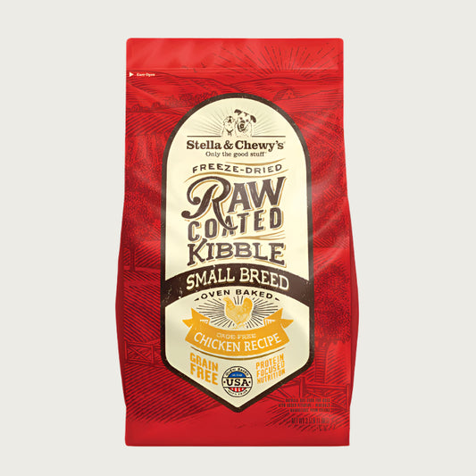 3.5 lb red bag of Stella & Chewy's Freeze-Dried Raw Coated Kibble, Small Breed, Oven Baked Cage-Free Chicken Recipe for dogs. Grain free, protein focused nutrition. A small illustration of a chicken is in the center of the bag.