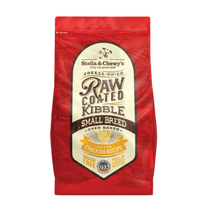 3.5 lb red bag of Stella & Chewy's Freeze-Dried Raw Coated Kibble, Small Breed, Oven Baked Cage-Free Chicken Recipe for dogs. Grain free, protein focused nutrition. A small illustration of a chicken is in the center of the bag.