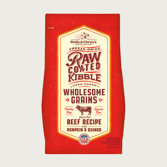 3.5 lb red bag of Stella & Chewy's Freeze-Dried Raw Coated Kibble, Oven Baked, Wholesome Grains Grass-Fed Beef Recipe with Pumpkin & Quinoa for dogs. Poultry & legume free. A small illustration of a bull is in the center of the bag.