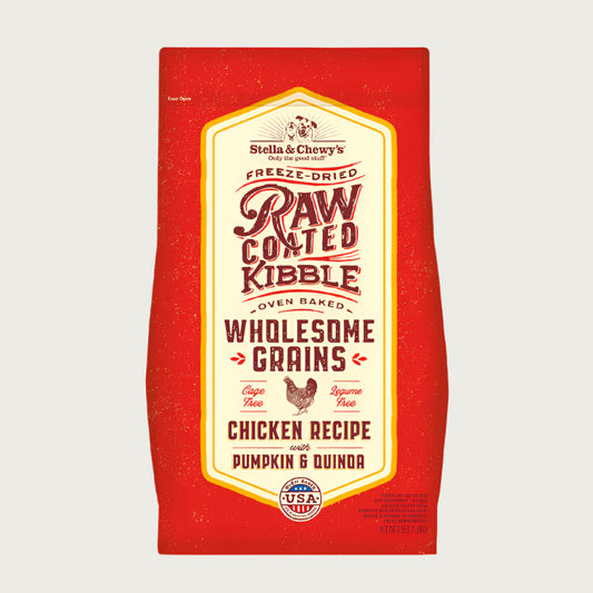 3.5 lb red bag of Stella & Chewy's Freeze-Dried Raw Coated Kibble, Oven Baked, Wholesome Grains Cage-Free Chicken Recipe with Pumpkin & Quinoa for dogs. Legume free. A small illustration of a chicken is in the center of the bag.