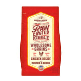 3.5 lb red bag of Stella & Chewy's Freeze-Dried Raw Coated Kibble, Oven Baked, Wholesome Grains Cage-Free Chicken Recipe with Pumpkin & Quinoa for dogs. Legume free. A small illustration of a chicken is in the center of the bag.
