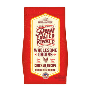 3.5 lb red bag of Stella & Chewy's Freeze-Dried Raw Coated Kibble, Oven Baked, Wholesome Grains Cage-Free Chicken Recipe with Pumpkin & Quinoa for dogs. Legume free. A small illustration of a chicken is in the center of the bag.