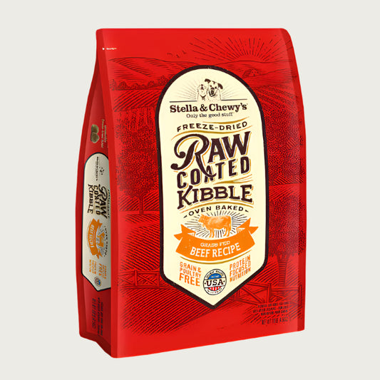 10 lb red bag of Stella & Chewy's Freeze-Dried Raw Coated Kibble, Oven Baked Grass-Fed Beef Recipe for dogs. Grain & poultry free, protein focused nutrition. A small illustration of a bull is in the center of the bag.