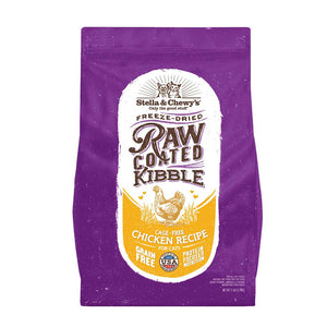 2.5 lb purple bag of Stella & Chewy's Freeze-Dried Raw Coated Kibble, Cage-Free Chicken Recipe for cats. Grain free, protein focused nutrition. A small illustration of a chicken is in the center of the bag.