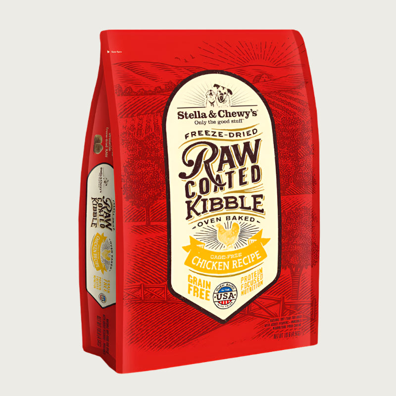 10 lb red bag of Stella & Chewy's Freeze-Dried Raw Coated Kibble, Oven Baked Cage-Free Chicken Recipe for dogs. Grain free, protein focused nutrition. A small illustration of a chicken is in the center of the bag.