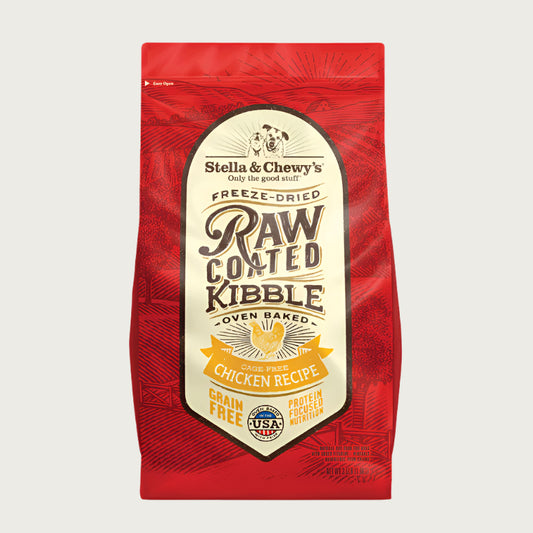 3.5 lb red bag of Stella & Chewy's Freeze-Dried Raw Coated Kibble, Oven Baked Cage-Free Chicken Recipe for dogs. Grain free, protein focused nutrition. A small illustration of a chicken is in the center of the bag.