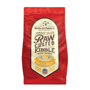 3.5 lb red bag of Stella & Chewy's Freeze-Dried Raw Coated Kibble, Oven Baked Cage-Free Chicken Recipe for dogs. Grain free, protein focused nutrition. A small illustration of a chicken is in the center of the bag.