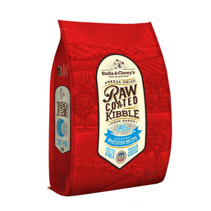 10 lb red bag of Stella & Chewy's Freeze-Dried Raw Coated Kibble, Oven Baked Wild-Caught Whitefish Recipe for dogs. Grain free, protein focused nutrition. A small illustration of a fish is in the center of the bag.