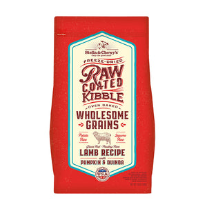 3.5 lb red bag of Stella & Chewy's Freeze-Dried Raw Coated Kibble, Oven Baked, Wholesome Grains Grass-Fed Lamb Recipe with Pumpkin & Quinoa for dogs. Poultry & legume free. A small illustration of a sheep is in the center of the bag.