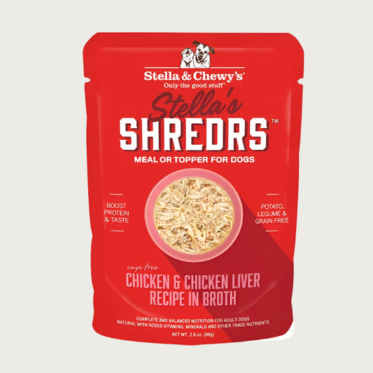 A 2.8 oz red pouch of Stella & Chewy's Stella's Shredrs Meal or Topper for Dogs, Chicken & Chicken Liver Recipe in Broth. Small image in center shows a bowl of shredded food.