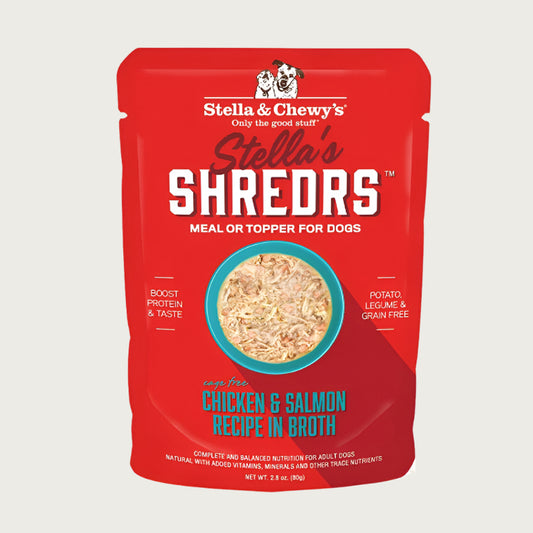 A 2.8 oz red pouch of Stella & Chewy's Stella's Shredrs Meal or Topper for Dogs, Chicken & Salmon Recipe in Broth. Small image in center shows a bowl of shredded food.