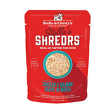 A 2.8 oz red pouch of Stella & Chewy's Stella's Shredrs Meal or Topper for Dogs, Chicken & Salmon Recipe in Broth. Small image in center shows a bowl of shredded food.