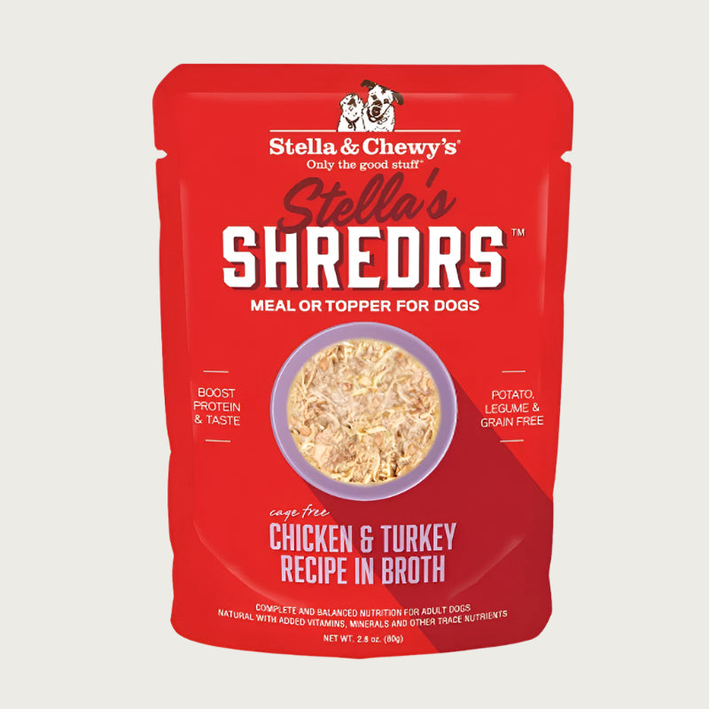 A 2.8 oz red pouch of Stella & Chewy's Stella's Shredrs Meal or Topper for Dogs, Chicken & Turkey Recipe in Broth. Small image in center shows a bowl of shredded food.