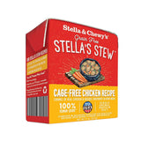 An 11 oz red & yellow carton of Stella & Chewy's Grain Free Stella's Stew, Cage-Free Chicken Recipe for Dogs. Single animal protein diet, chunks of real chicken & veggies smothered in bone broth. 100% human grade. Corners of box fold up, to open carton from perforated top edge.