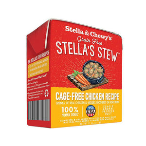 An 11 oz red & yellow carton of Stella & Chewy's Grain Free Stella's Stew, Cage-Free Chicken Recipe for Dogs. Single animal protein diet, chunks of real chicken & veggies smothered in bone broth. 100% human grade. Corners of box fold up, to open carton from perforated top edge.