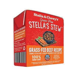 An 11 oz red & orange carton of Stella & Chewy's Grain Free Stella's Stew, Grass-Fed Beef Recipe for Dogs. Single animal protein diet, chunks of real beef & veggies smothered in beef bone broth. 100% human grade. Corners of box fold up, to open carton from perforated top edge.