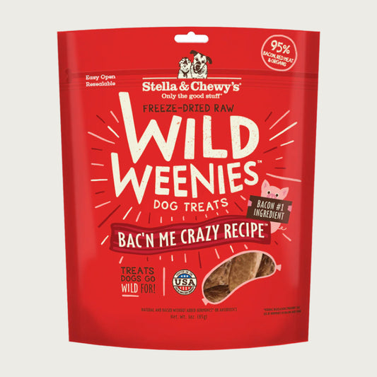 3 oz red bag of Stella & Chewy's Freeze-Dried Raw Wild Weenies Bac'N Me Crazy Recipe Treats for Dogs. Grain-Free, 97% bacon, red meat & organs.