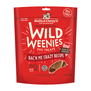 3 oz red bag of Stella & Chewy's Freeze-Dried Raw Wild Weenies Bac'N Me Crazy Recipe Treats for Dogs. Grain-Free, 97% bacon, red meat & organs.