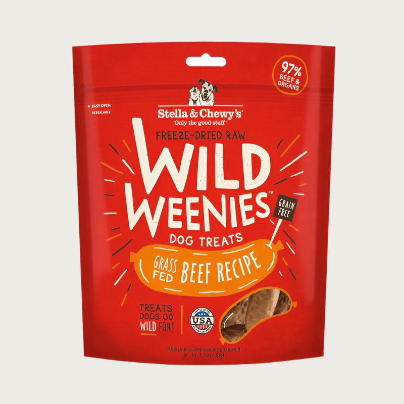 3.25 oz red bag of Stella & Chewy's Freeze-Dried Raw Wild Weenies Grass-Fed Beef Recipe Treats for Dogs. Grain-Free, 97% beef & organs.