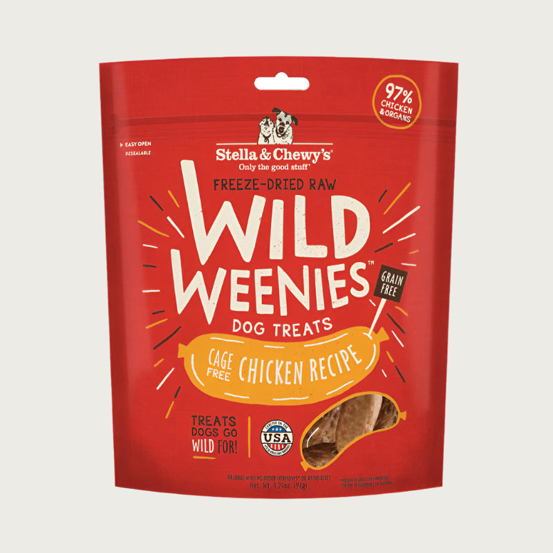 3.25 oz red bag of Stella & Chewy's Freeze-Dried Raw Wild Weenies Cage-Free Chicken Recipe Treats for Dogs. Grain-Free, 97% chicken & organs.