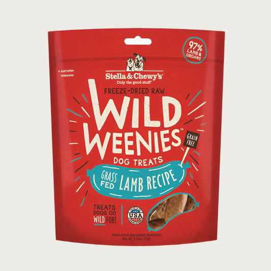 3.25 oz red bag of Stella & Chewy's Freeze-Dried Raw Wild Weenies Grass-Fed Lamb Recipe Treats for Dogs. Grain-Free, 97% lamb & organs.