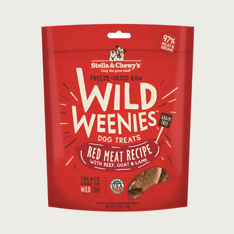 3.25 oz red bag of Stella & Chewy's Freeze-Dried Raw Wild Weenies Red Meat Recipe with Beef, Goat & Lamb, Treats for Dogs. Grain-Free, 97% meat & organs.