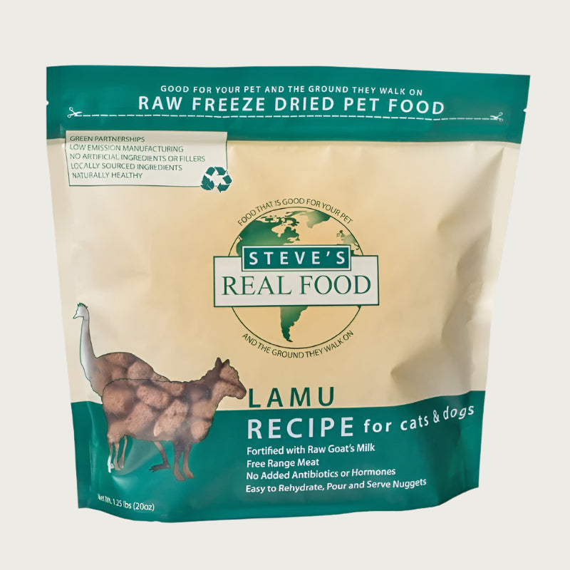 A 1.25 pound bag of Steve's Real Food freeze-dried raw food nuggets in the lamu (lamb and emu) recipe for both dogs and cats. Makes 5 pounds when rehydrated.