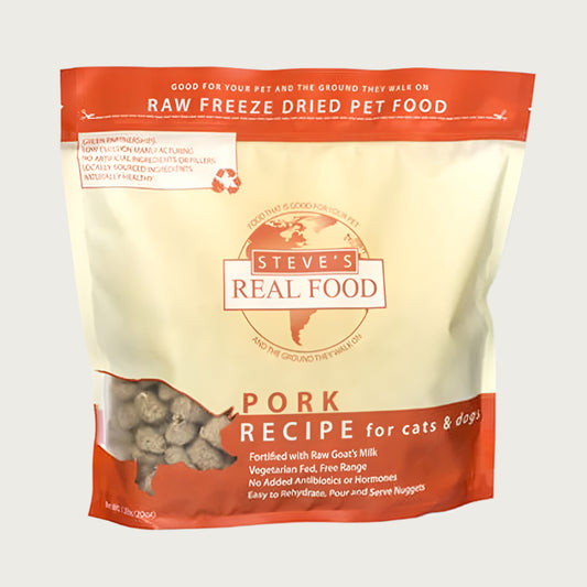A 1.25 pound bag of Steve's Real Food freeze-dried raw food nuggets in the pork recipe for both dogs and cats. Makes 5 pounds when rehydrated.
