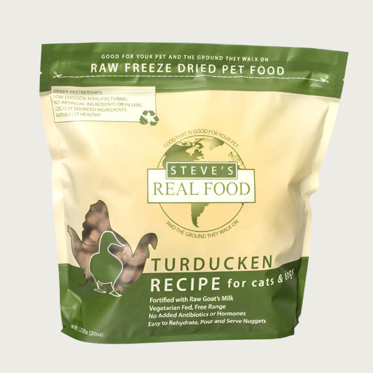 A 1.25 pound bag of Steve's Real Food freeze-dried raw food nuggets in the turducken (turkey, duck, and chicken) recipe for both dogs and cats. Makes 5 pounds when rehydrated.