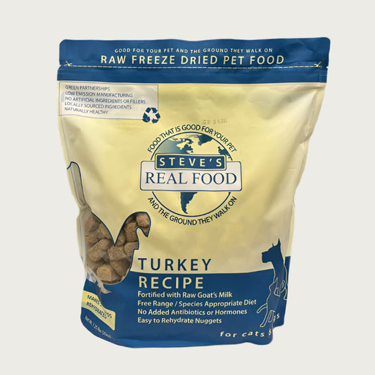 A 1.25 pound bag of Steve's Real Food freeze-dried raw food nuggets in the turkey recipe for both dogs and cats. Makes 5 pounds when rehydrated.