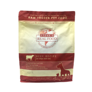 A 5 pound bag of Steve's Real Food frozen raw food, pour and serve nuggets in the beef recipe for both dogs and cats. 