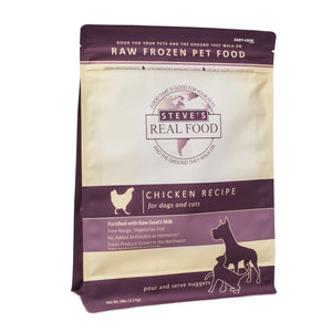A 5 pound bag of Steve's Real Food frozen raw food, pour and serve nuggets in the chicken recipe for both dogs and cats. 