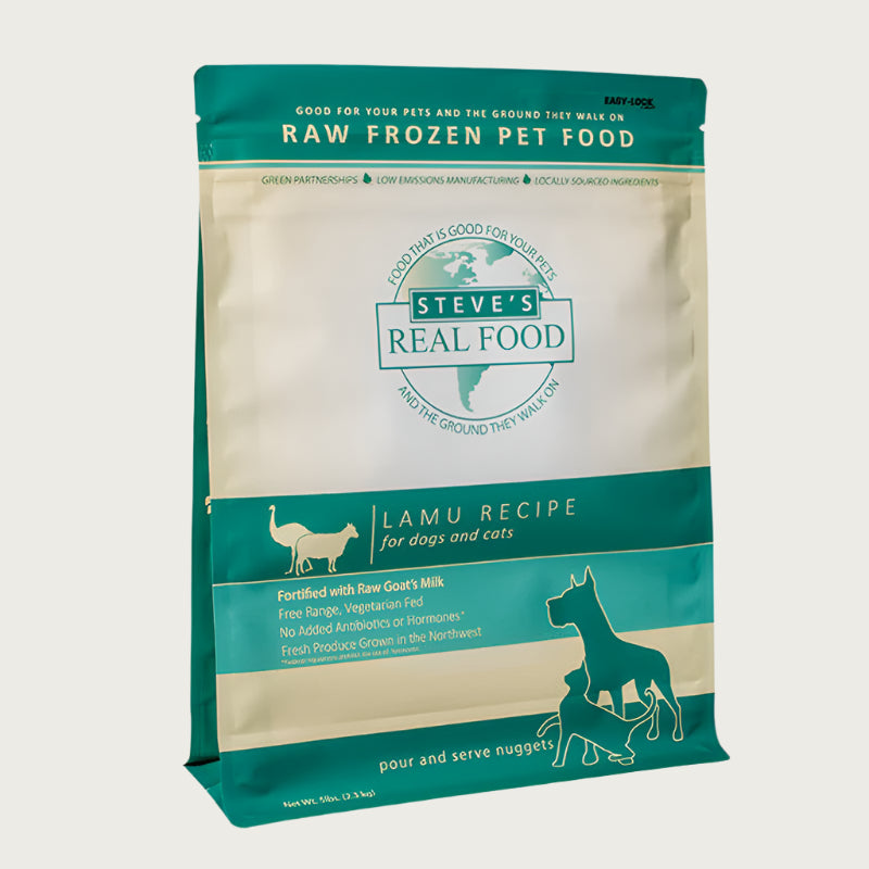 A 5 pound bag of Steve's Real Food frozen raw food, pour and serve nuggets in the lamu (lamb and emu) recipe for both dogs and cats. 
