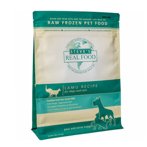 A 5 pound bag of Steve's Real Food frozen raw food, pour and serve nuggets in the lamu (lamb and emu) recipe for both dogs and cats. 