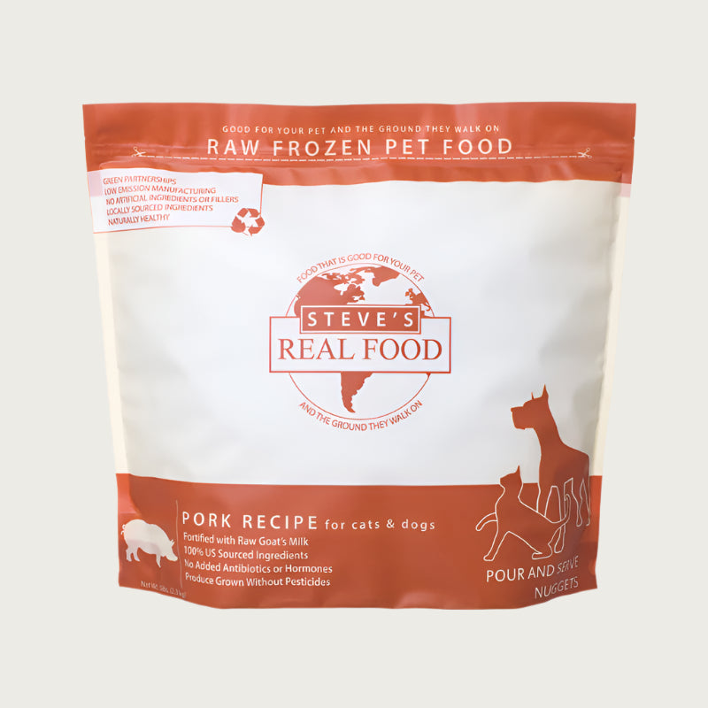 A 5 pound bag of Steve's Real Food frozen raw food, pour and serve nuggets in the pork recipe for both dogs and cats. 