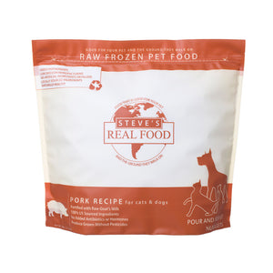 A 5 pound bag of Steve's Real Food frozen raw food, pour and serve nuggets in the pork recipe for both dogs and cats. 