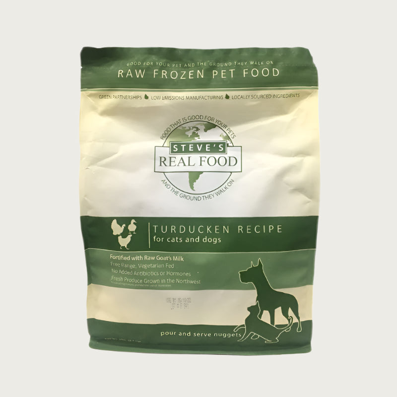 A 5 pound bag of Steve's Real Food frozen raw food, pour and serve nuggets in the turducken (turkey, duck and chicken) recipe for both dogs and cats. 