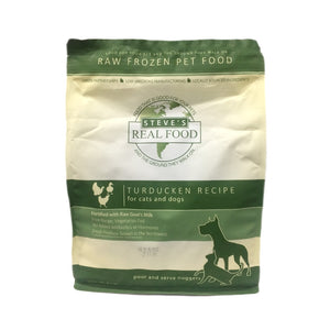 A 5 pound bag of Steve's Real Food frozen raw food, pour and serve nuggets in the turducken (turkey, duck and chicken) recipe for both dogs and cats. 