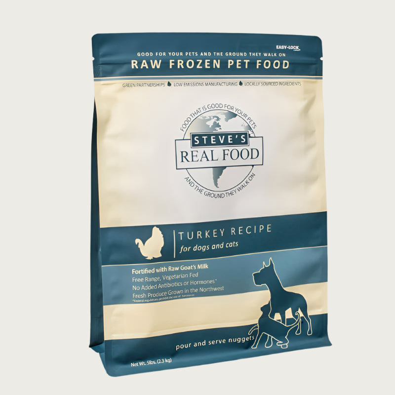 A 5 pound bag of Steve's Real Food frozen raw food, pour and serve nuggets in the turkey recipe for both dogs and cats. 