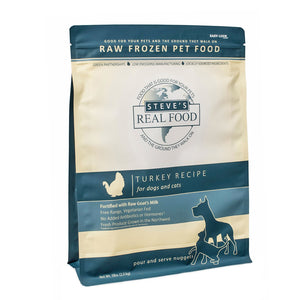 A 5 pound bag of Steve's Real Food frozen raw food, pour and serve nuggets in the turkey recipe for both dogs and cats. 