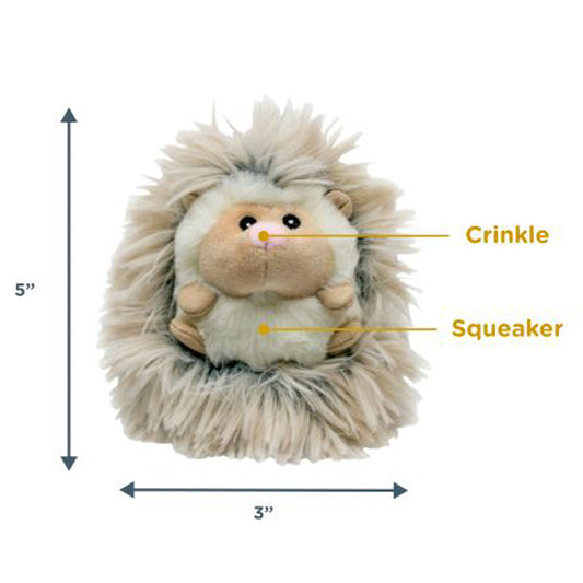 Frontal view of the Baby Hedgehog dog toy with additional information. Arrows show 5" vertical height and 3" width. "Squeaker" points to its belly and "Crinkle" points to its nose.