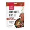 8 oz bag of Bone Broth Bites savory protein cookies from The Honest Kitchen; roasted with beef bone broth, sweet potatoes & parsley, dog treats. Small transparent window on front shows product inside: 1-2" wide brown squares.
