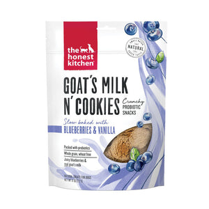 8 oz bag of The Honest Kitchen Goat's Milk N' Cookies crunchy probiotic snacks, slow baked with blueberries & vanilla. Whole grain, wheat free, juicy blueberries & real goat's milk. Dog treats.