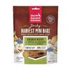 4 oz bag of Harvest Mini Bars from The Honest Kitchen, meaty whole food snack bites, chicken recipe jerky dog treats. 80% cage free chicken. Tender & tasty. Human grade. Small transparent window on front shows product inside: reddish brown squares.