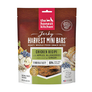 4 oz bag of Harvest Mini Bars from The Honest Kitchen, meaty whole food snack bites, chicken recipe jerky dog treats. 80% cage free chicken. Tender & tasty. Human grade. Small transparent window on front shows product inside: reddish brown squares.
